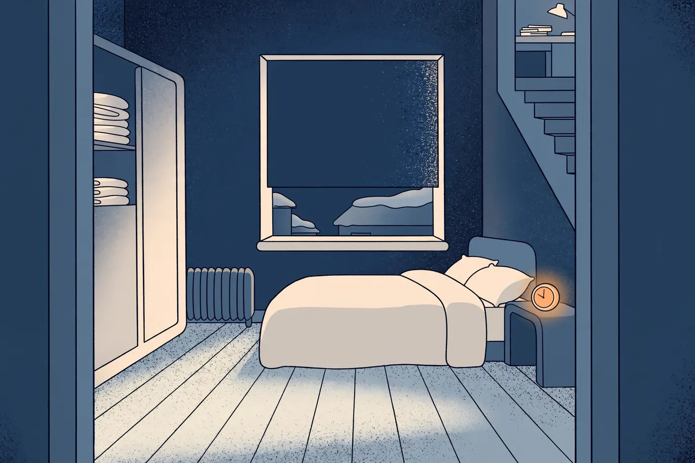 Dark bedroom with a made bed, a glowing alarm clock on the bedside table and moonlight at the edge of the window blind.